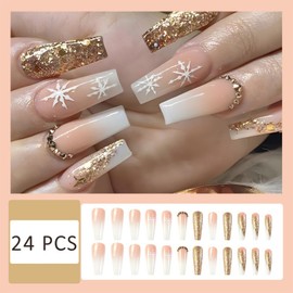 24 Pcs Christmas Glitter Snowflake Press on Nails Square Fake Nails with Snowflake Rhinestones Design False Nails Cute Pink Gradient Gloss Acrylic Nail for Women Girl Winter Xmas Nail Decorations