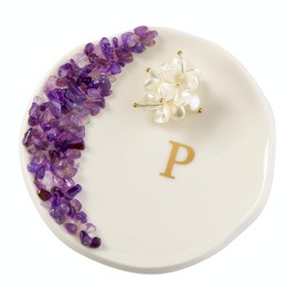 Maxsirui Ceramic Initials Ring Dish with Brazilian Amethyst Inlaid, Cute Room Decor Aesthetic, Decorative Jewelry Tray Trinket Dish, Engagement Wedding Birthday Christmas Gifts for Women (P)