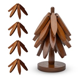 Wooden Tree Trivet Set – 4 Tree-Shaped Coasters & 1 Stand for Hot Pots, Dishes | Heat-Resistant, Space-Saving Pot Rest & Cozy Kitchen Decor, Tree Trivets for Counter + Special Bonus (Walnut)