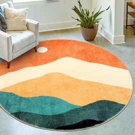 Sungea Abstract Round Rug for Bedroom 4ft, Faux Wool Soft Area Circle Area Rug, Boho Washable Low Pile Classroom Rugs, Carpet for Living Room Sofa Bathroom Nursery Kids Room Decor