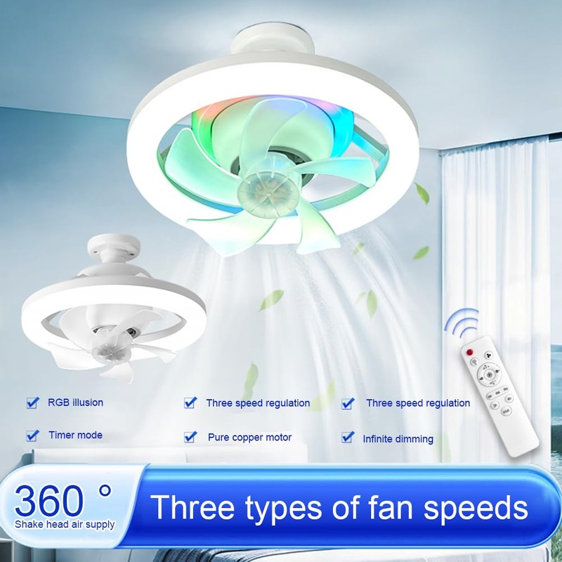 Demiawaking Fan LED Ceiling Fan with Lighting, Universal E27 LED