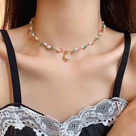 Inilbran Boho Moon Pendant Necklace Vintage Rainbow Beads Choker Necklace Colourful Beads Moon Necklace Adjustable Crescent Moon Fishing Line Necklace Jewellery for Women, Zinc, No Gemstone