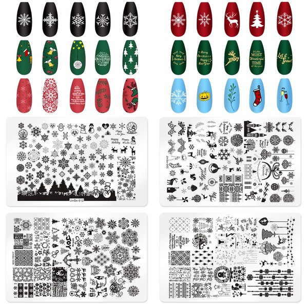 4pcs Christmas Nail Stamping Plates Set for Nail Art, Christmas Tree Santa Snowflakes Nail Art Stamping Plate Stamper Set for DIY Nail Salon Decoration