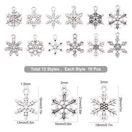 SUNNYCLUE 1 Box 120pcs 12 Styles Silver Snowflake Charm Christmas Charms Winter Metal Pendants Bulk Antique Snowflake Charm Vintage Christmas Pendants for Jewelry Making Charms DIY Necklace Bracelet