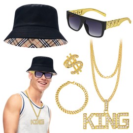 Hip Hop Costume Kit for Women Men, 80s/90s Chunky Rapper Gangster Accessories Set Fancy Dress with Bucket Hat King Necklace Sunglasses Gold Bracelet Dollar Ring Outfits for Disco Theme Dress Up Party