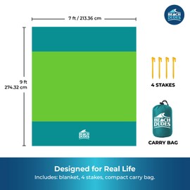 BEACH DUDES Sandproof Waterproof Beach Blanket Extra Large 108"x 84", Mat for Family, Quick Dry Ripstop Nylon Lightweight, Compact for Travel, Picnic, Camping w/ 4 Anchor Stakes and Carry Bag