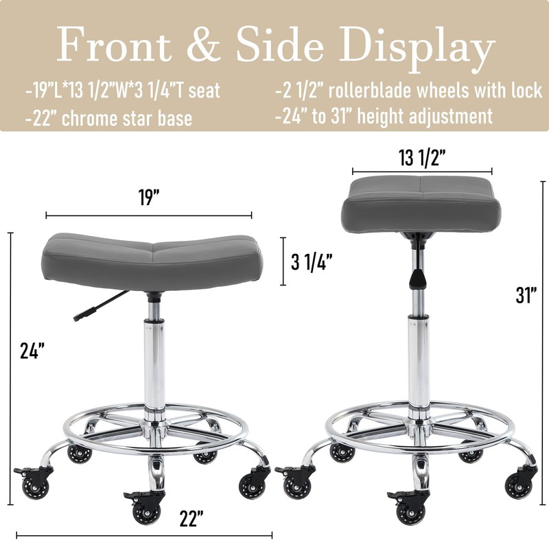 CoVibrant Wide Rolling Stool with Locking Wheels Footrest Adjustable Height