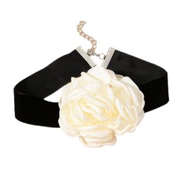 Pingyongchang Black Choker Necklace Camellia Flower Lace-up Necklace For Women Lace Velvet Collar Choker Colorful Bride Wedding Party Summer Necklaces Long Ribbon Vintage Big Flower-White Choker
