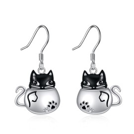 CRMAD Black Cat Earring for Women Sterling Silver Cat Dangle Earrings for Women (cup 2)