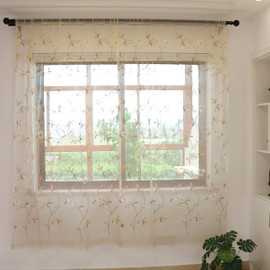 SLOW SOUL Set of 2 Panels Coffee Iris Flowers Sheer Curtains Floral Semi Sheer Embroidered Curtains & Drapes for Bedroom Living Room Rod Pocket 52W X 84L inch