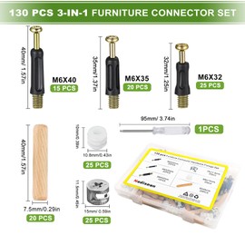 Nadisean 130Pcs Furniture Connectors Kit, Furniture Hardware Fixing Screws Set, Cam Lock Ø15mm, M6x40mm Fitting Dowels with Pre-Inserted Nuts Dowel Bolts Nut Locking Cam for Cabinet Wardrobe Drawer