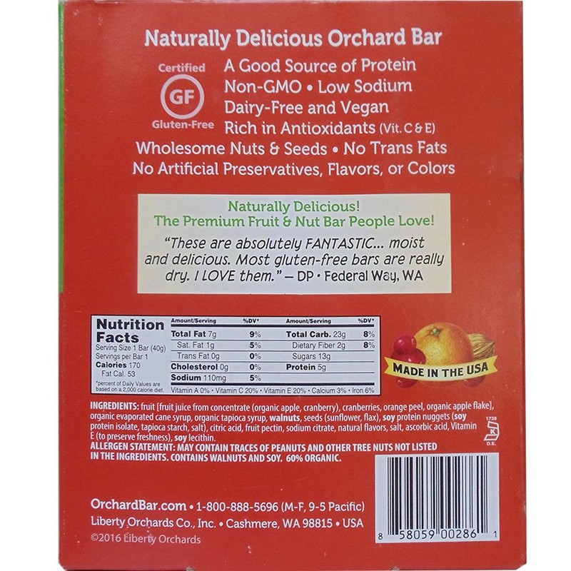 Orchard Bars - Cranberry Orange Walnut Bars - Natural Fruit