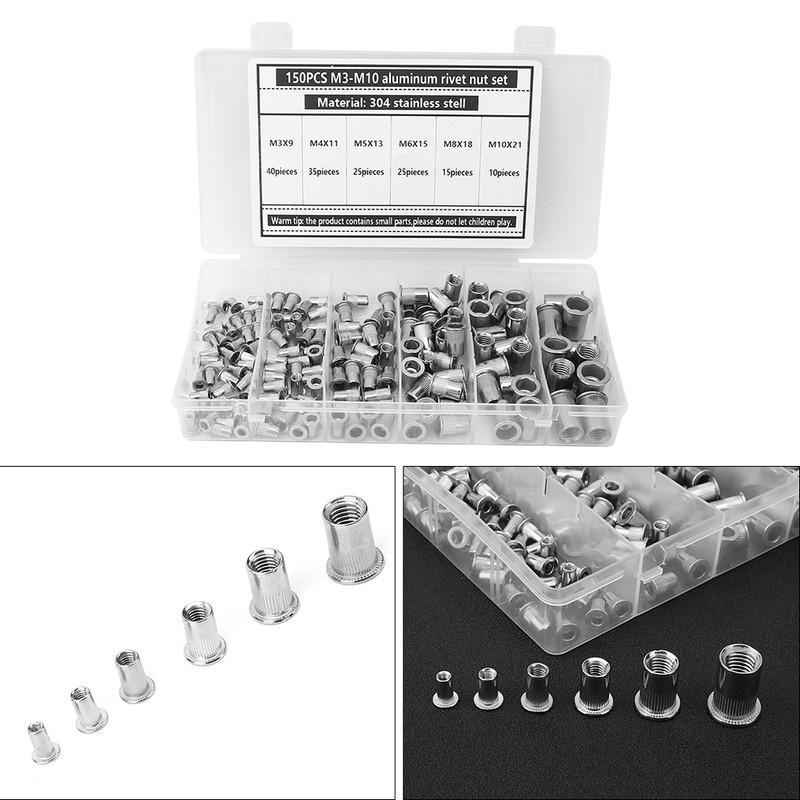 150Pcs M3-M10 Rivet Nut 304 Stainless Steel for Fastening Piece