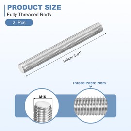 sourcing map 2Pcs M16-2.0x150mm Fully Threaded Rods, Threaded Rods Bar Studs, 304 Stainless Steel Long Thread Screws Hardware for U-Bolts, Anchors, Clamps, Hangers, Silver