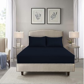 HADI LONDON Microfibre Fitted Sheet Single Double King and Super King - 16 inch (40 cm) Extra Deep Pocket Soft Plain Dyed Brushed Shrinkage and Fade Resistant Bed Sheet (Navy Blue, Double)