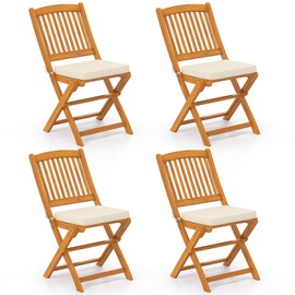 HAPPYGRILL Outdoor Folding Chairs Set of 4, Acacia Wood High-Back Chair w/Seat Cushions, Portable & Lightweight Patio Dining Chair w/Slatted Seat for Backyard, Camping, Beige