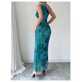 Milumia Women's Printed One Shoulder Bodycon Dresses Sleeveless Asymmetrical Neck Ruched Slit Maxi Dress Green