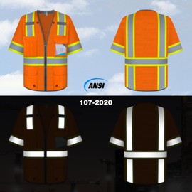 TCCFCCT Reflective Vest for Men Women 9 Pockets High Visibility Safety Vest with Fluorescent Yellow Edge, Short Sleeve Hi Vis Security Work Vest for Surveyors, Durable and Breathable, (1550-Orange,M)
