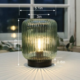 LUSHARBOR Battery Operated Lamp, Cordless Table Lamps for Home Decor, Battery Powered Nightlight with LED Bulb, Decorative Glass Beside Lamp for Bedroom Living Room-Green