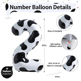 Cow Print Birthday Number Balloons, 40 Inch Large Foil Number 2 Self Inflating Balloons for Girls Boys 2nd Birthday Party Decor Baby Shower Cowboy Cowgirl Farm Animal Theme Party Decorations Supplies