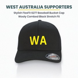 WA Supporters Cap, Flexfit 6277 Wooly Combed Baseball Cap, Acrylic-Wool, Flexfit Technology, 6-Panel, Silver Undervisor, Stretch Fitted, Premium Mid-Profile, Black with Yellow 'WA' Badge