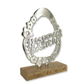 Wooden and Metal Easter Decoration Wood and Metal Easter Egg with Writing Happy Easter 18 x 25 cm Easter Decoration Table Decoration Easter Bunny