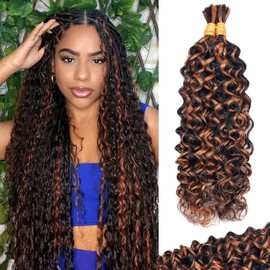 Belaved Braiding Human Hair 1BP30 Highlight for Boho Braids 100g 28 Inch Ombre Brown Curly Boho Knotless 10A Balayage Water Wave Bulk Micro Extensions 2 Bundles