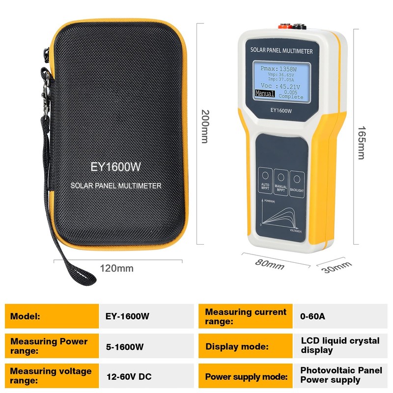 Jadeshay Solar Panel Multimeter, EY1600W LCD Display Photovoltaic Panel Multimeter