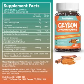 SmildeHeal Ceylon Cinnamon Gummies 2000MG, Sugar Free Cinnamon Gummies, Cinnamon Supplement with Chromium and Cinnamon Bark, Vegan, Non-GMO, Gluten Free, 2 Pack,120 Gummies