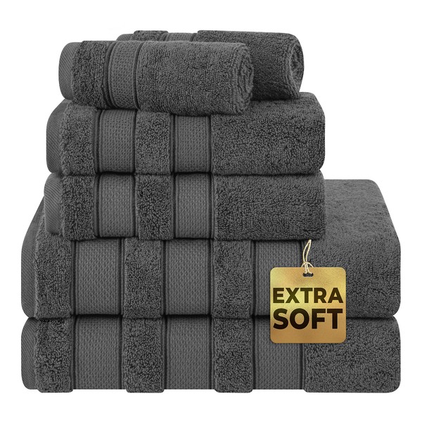 American Soft Linen Salem Bath Towel Set, 6 Piece Towels for Bathroom, 100% Turkish Combed Zero Twist Cotton, 2 Bath Towels 2 Hand Towels 2 Washcloths, Dark Gray