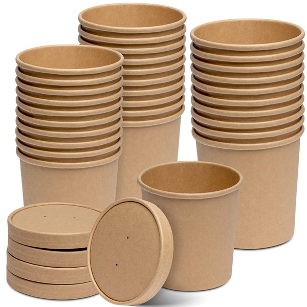 Comfy Package [25 Sets] 16 oz. Paper Food Containers With Vented Lids, To Go Hot Soup Bowls, Disposable Ice Cream Cups, Kraft