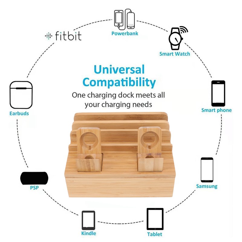 Bamboo Charging Station Multifunction 5 Ports Charging Station Rack for