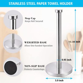 Paper Towel Holder Stand, Stainless Steel Kitchen Paper Towel Stand Holder, Paper Roll Holder, Stand Up Paper Towel Holder for Standard and Large Size Rolls