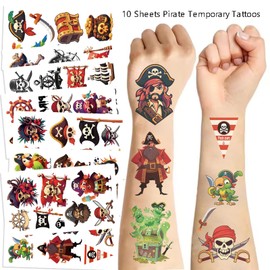 10 Sheets Pirate Temporary Tattoos, Pirate Party Favors Supplies Birthday Decorations Pirate Tattoo Stickers for Kids Boys Girls Gifts Goodie Bags Fillers Prizes Rewards