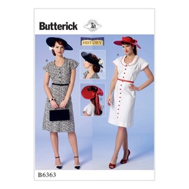 Butterick B6363 Women's Vintage Flutter Sleeve Dress and Sun Hat Sewing Pattern, Sizes 14-22