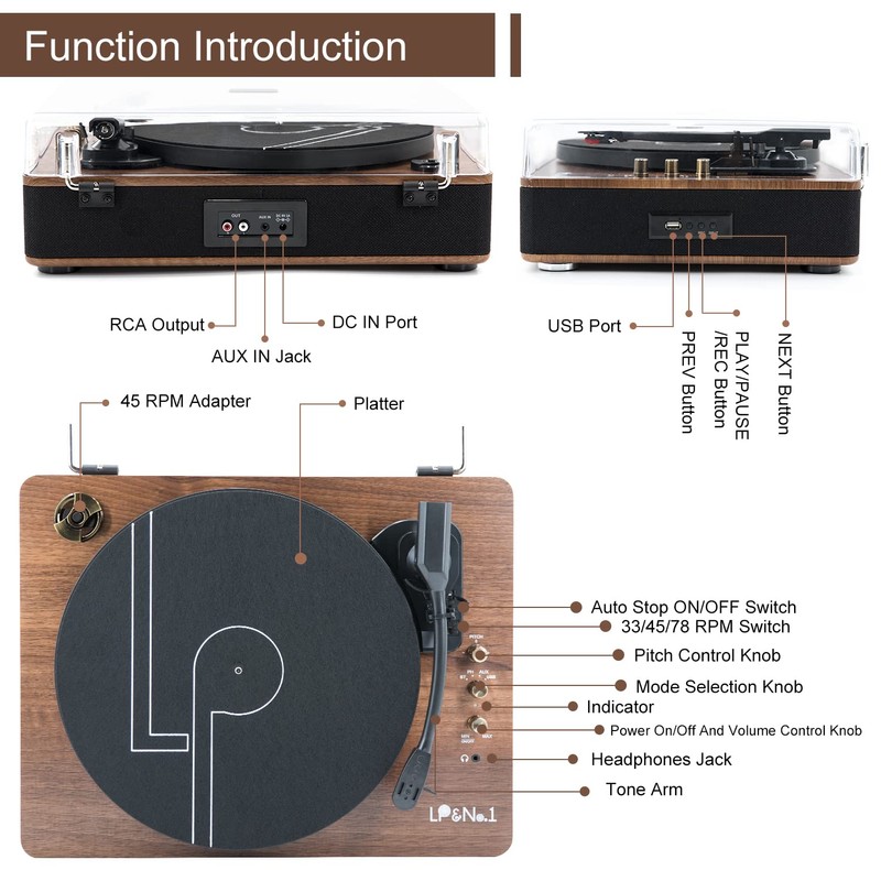LP&No.1 Record Player with Stereo Speakers, 3-Speed Belt-Drive Turntable for