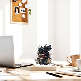 CTYNU Black Baby Dragon Book Desk Decor Sign,Black Baby Book Dragon Wood Sign Plaque With Wooden Stand Decor For Reading Corner Office Desk Home,Book Lover Librarian Gifts