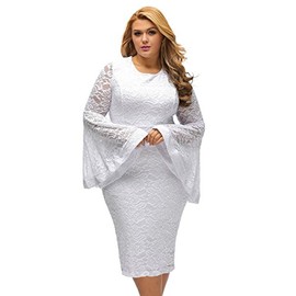 SUGARWEWE Sexy Plus Size Bell Sleeves Lace Dress Party Dress Plus, White, 3X