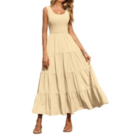 PRETTYGARDEN Women's Casual Loose Plain Maxi Sundress Smocked Tank Dress Sleeveless Summer Beach Tiered Long Dresses (Dark Apricot,Medium)