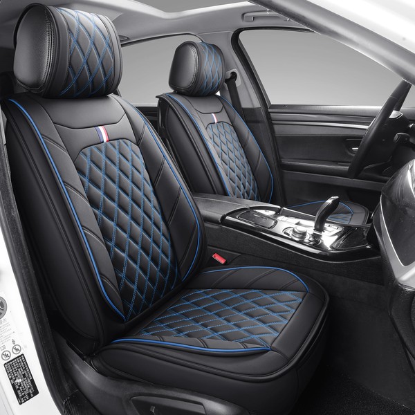 OMOKA AUTO Car Seat Covers Full Set Waterproof Leather Universal for Toyota Corolla Honda Kia Hyundai Elantra Rav4 Highlander Nissan FordAltima Forester Impreza(Full Set/Black-Blue)