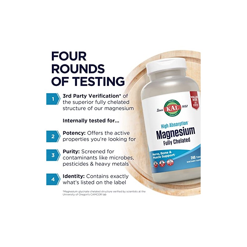 KAL Magnesium Glycinate Tablets, Fully Chelated, High Absorption Formula with