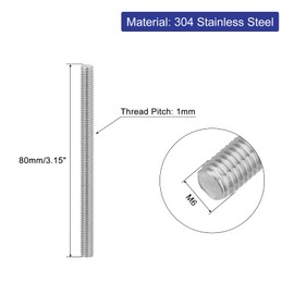 sourcing map 4Pcs Fully Threaded Rod, M6 x 80mm 304 Stainless Steel Right Hand Thread Bar Studs M6-1 Thread Pitch for Furniture Machinery Assembly