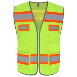 TCCFCCT Reflective Vest with Pockets Safety Vest for Men Women, High Visibility Surveyor Vest with Fluorescent Orange Extend Edge, Meets ANSI/ISEA Standards, Yellow, XL