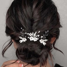 ALUINN Flower Bride Hair Pins Crystal Hair Piece Bridal Wedding Hair Accessories for Brides Women and Bridesmaid (Pack of 3)（silver ）