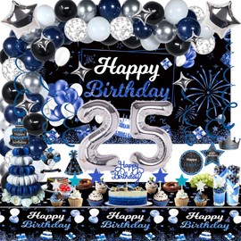 Miidenks 25th Birthday Decorations Set for Men, Navy Blue Silver Black Happy 25 Birthday Party Decorations with Birthday Backdrop Banner Birthday Tablecloth 25 Number Balloons for Him