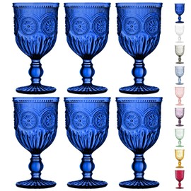 Yungala Cobalt Blue Wine Glasses Set of 6 Blue Goblets - Handcrafted Vintage Glassware with Sunflower Motif, Dishwasher Safe Cobalt Blue Glassware