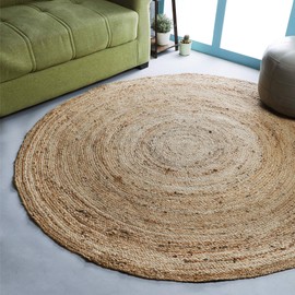 Ramanta Home Jute Braided Rug, 4' Round Natural, Hand Woven Reversible Rugs for Kictchen Living Room Entryway, 4 Feet Round
