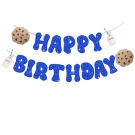 KUNGOON Milk and Cookies Happy Birthday Banner,Funny Blue Glitter Paper Sign Banner for Kids Cookie Milk Birthday Party Decor,Cookie Milk Theme Happy Birthday Party Decorations.