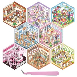 8 Sets 3D Sticker Scene, 3D House Stickers, Sticker Scene, 3D Stickers, DIY 3D House Stickers, Cute Creative DIY Stickers for Relaxing and Passing The Time (with Tweezers)