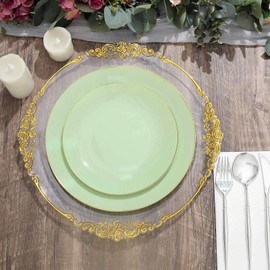 Tableclothsfactory 10 Pack | 10" Glossy Sage Green Round Plastic Dinner Plates with Gold Rim, Disposable Party Plates
